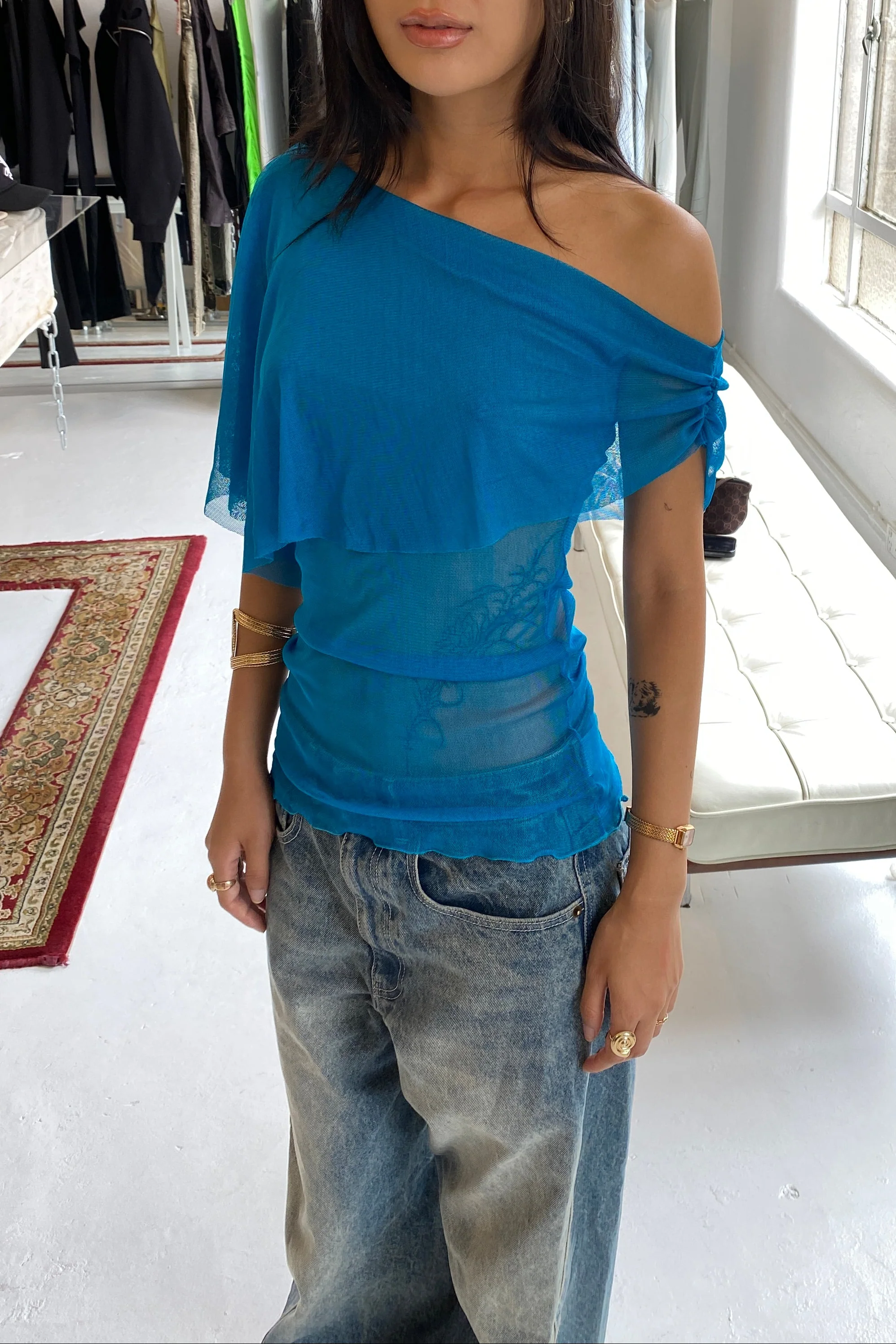 Silk Mesh Shawl Top / Teal or Bone